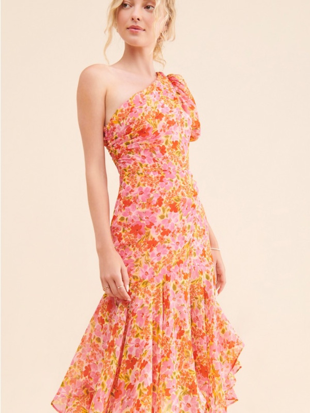 ASTR the label Santorini One-Shoulder Pink Floral Midi Dress size M like new - Picture 2 of 6